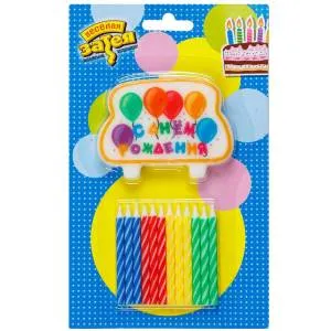 Свеча д/торта 12 шт.+Табличка Шары С ДР 1502-5205