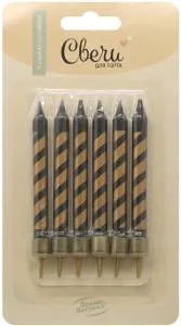 Свечи "Золотые полоски" черный металлик, 0.75*8+2 см, 6 шт. с держ./802964