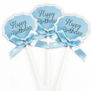 Топпер "Happy Birthday" серебро/голубой, 3шт. /616006
