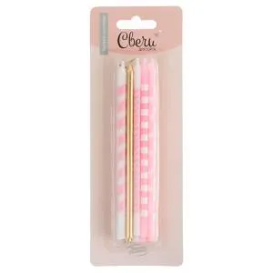 Свечи "Точки и полосы" розовый/золото металлик 14,5 см, 10 шт. / 630266