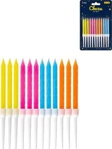 Свечи для торта на подставках "Весельё" 0.4*5.5+4,5 см, 12 шт, ассорти/С-2045