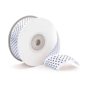 Лента атлас Белый в черный горох 25мм*22,85м