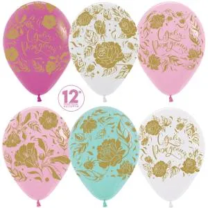 С Днем рождения!(золотые цветы) 12", пастель (Колумбия) / 50 шт