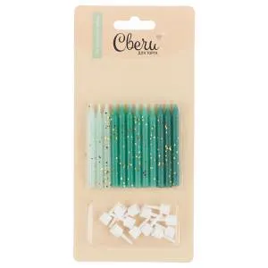 Свечи Бирюзовый микс, с блестками, 0,5*6+1 см, 12 шт. с держат.,/803200