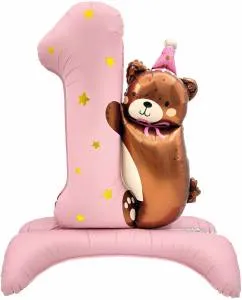 35" Цифра на подставке "1 Годик" Мишка в колпачке, розовый сатин / Китай 26756