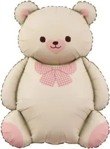 35" Мишка с бантом, бежевый/розовый сатин / Китай 26012/ 1207-6217